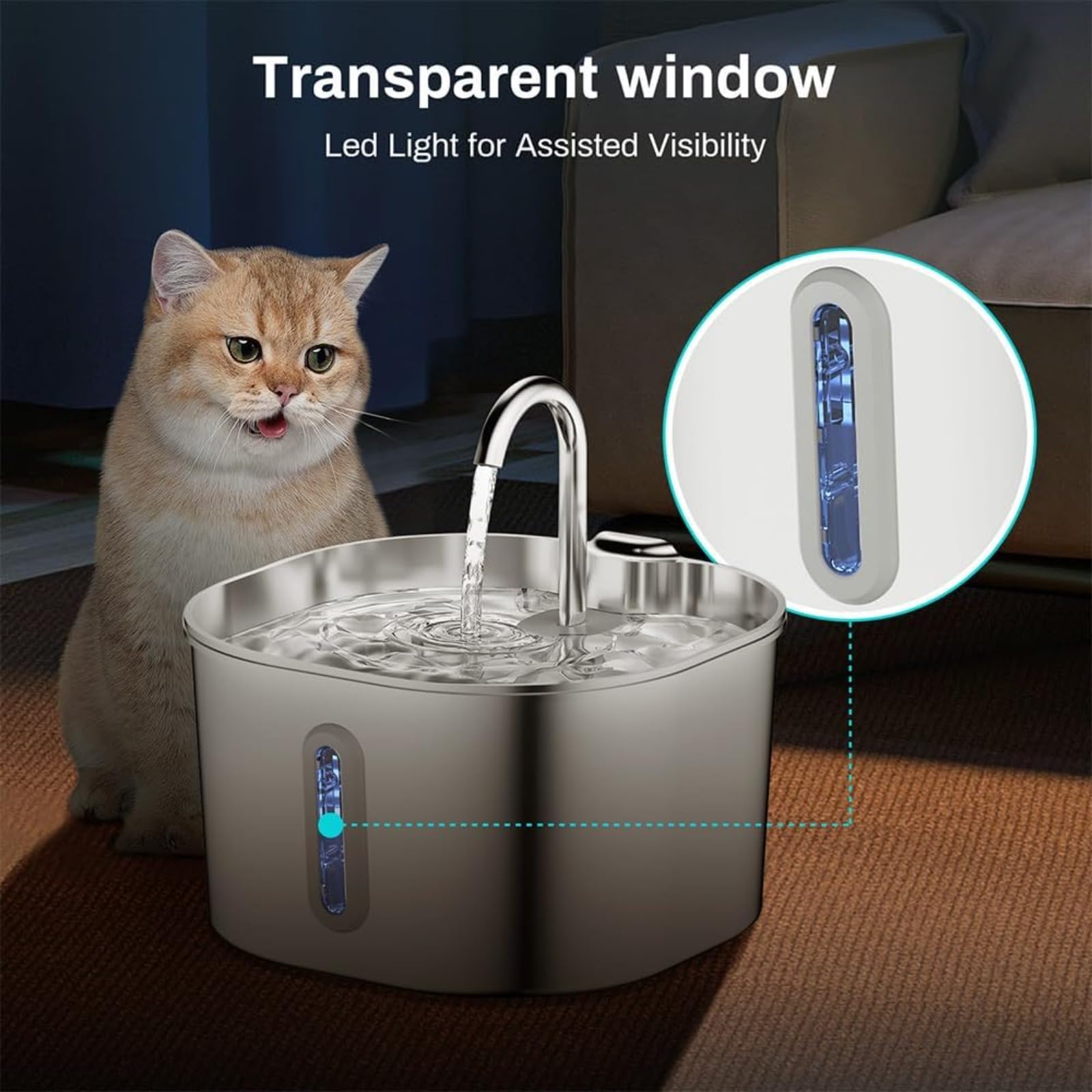 Cat Vitalis 2.2L Fuente Gatos Acero Inoxidable.Bebedero Gatos Automatico,Silencioso Fuente De Agua para Gatos,con Ventana LED, Sistema De Filtro Multicapa (1 Artículo)