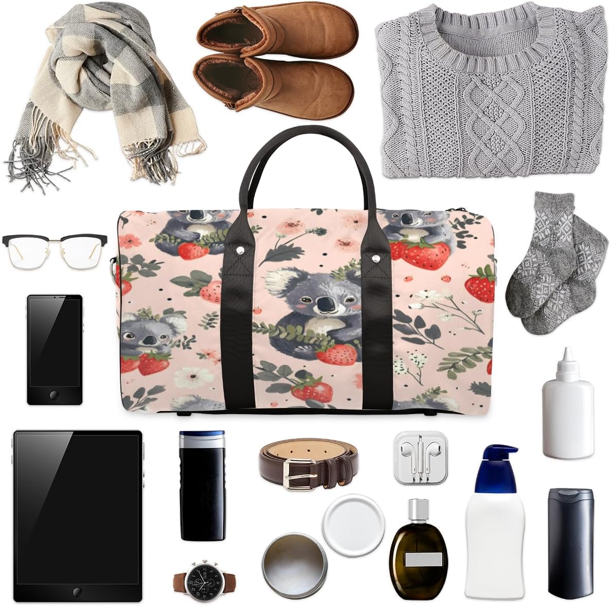 Cute Koala Strawberry Watercolour Travel Duffel Bag for Women Men Large Capacity Overnight Weekender Bags for Lightweight Waterproof Sport Gym Bag for Workout Yoga Swim