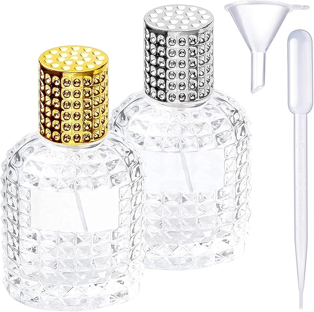 Ysimple 50ml Travel Perfume Glass Spray Bottle,Pineapple Refillable Perfume Atomiser,Square Grids Portable Clear Travel Refillable Perfume Glass Empty Bottle (50ml silver+golden)