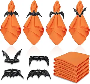 Whaline 16Pcs Halloween Bat Napkin Ring with Washable Orange Cloth Dinner Napkins 4 Designs Black Bat Metal Napkin Ring Holders for Home Dinner Table Setting
