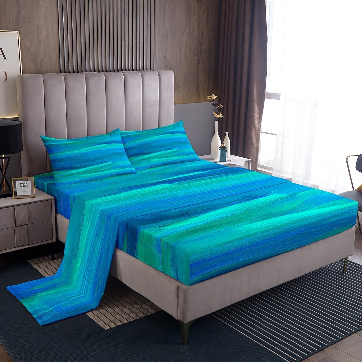 Abstract Teal Ocean Sheet Set Queen Turquoise Sea Water Bed Sheets Watercolor Style Blue Green Ombre Fitted Sheet For Kids Adults Oil Painting Flat Sheet Aesthetic Room Decor Bedding 2 Pillow Cases