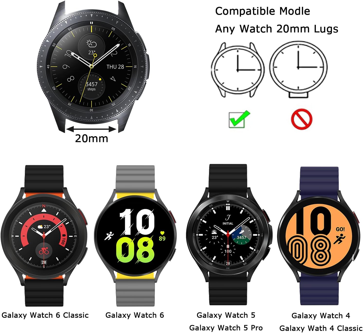 Tasikar 20mm Bands Compatible with Samsung Galaxy Watch 7/6/5/4 Band 40mm 44mm/6 Classic 43mm 47mm/5 Pro, Silicone Magnetic Strap for Galaxy Watch 4 Classic/3 (Orange-Black) - Image 5