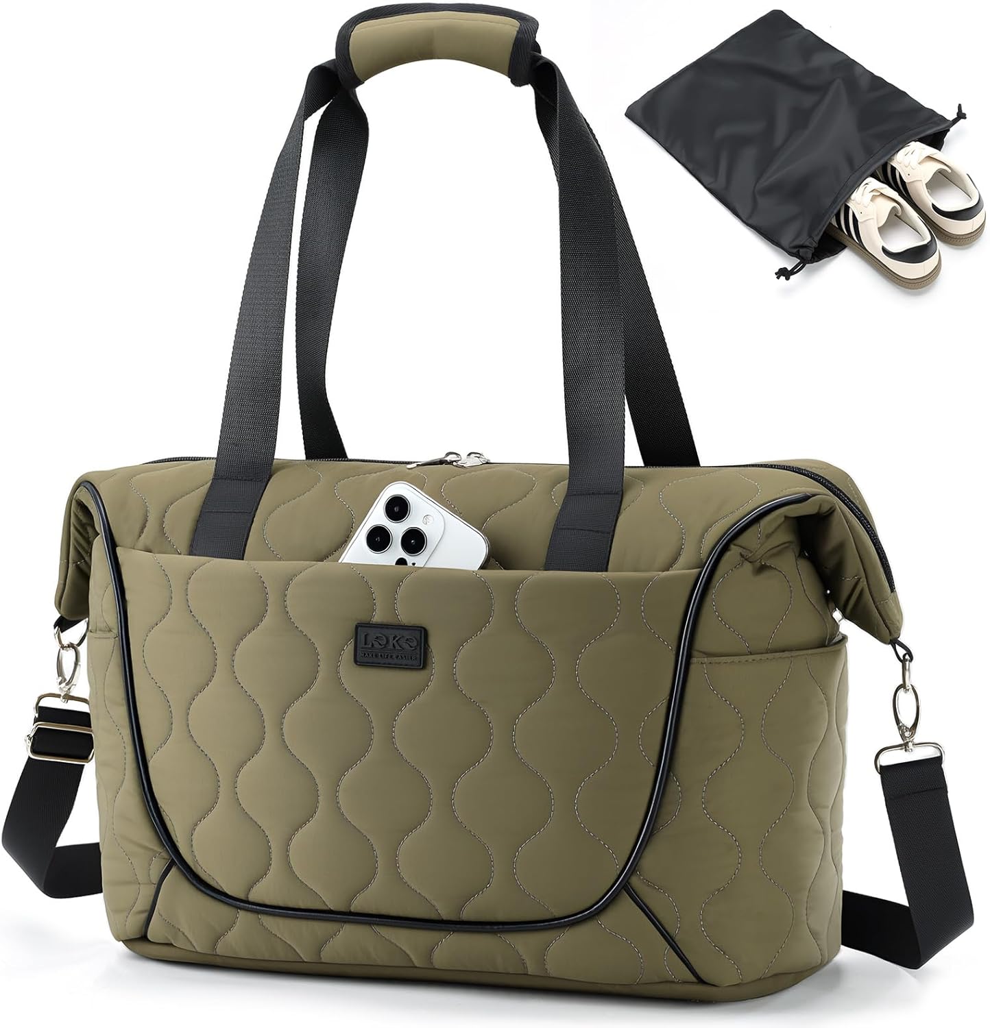 Quilted Puffer Travel Duffle Bag, Black, Large Capacity Weekender Tote, Multi-Compartment Design, Sporty Casual Style (Army Green)