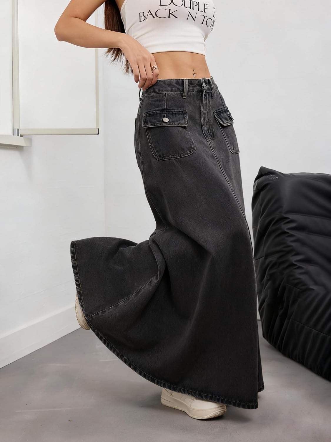 utcoco Women's High Waisted Denim Maxi Skirt Flowy A-Line Cargo Jean Skirt with Pocket