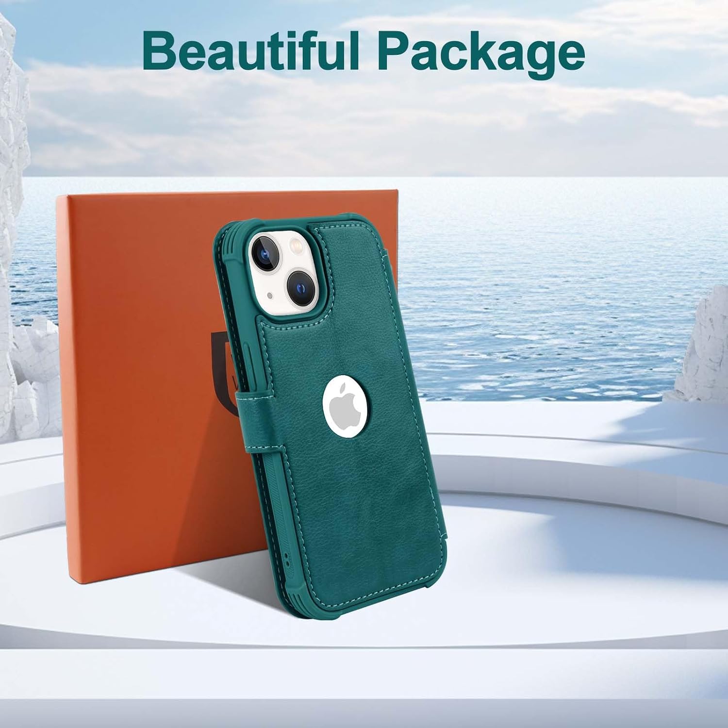 VANAVAGY Compatible for iPhone 13 Mini Wallet Case for Women Men, PU Leather Flip Phone Cover with Wrist Strap for Wireless Charging with RFID Blocking Card Holder Screen Protector,Midnight Green