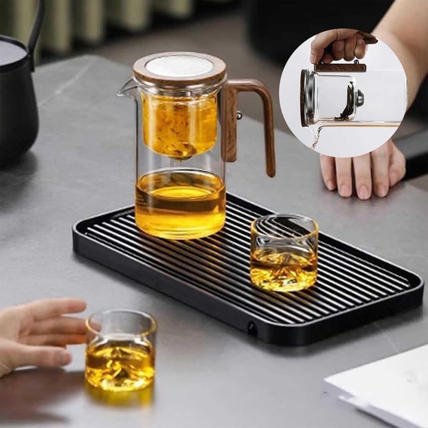 Witchcraft teapot,Enchanti Tea Pot,Magic Teapot with Infuser,Glass teapot with Strainer,Glass Teapot with Infuser,Water Separation Glass Teapot with Wooden Handle (Transparent,720ml+2*Cup)