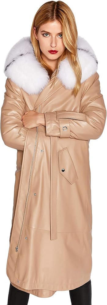 Women's Winter Parka Jacket Lambskin Leather Parka Trench Coat