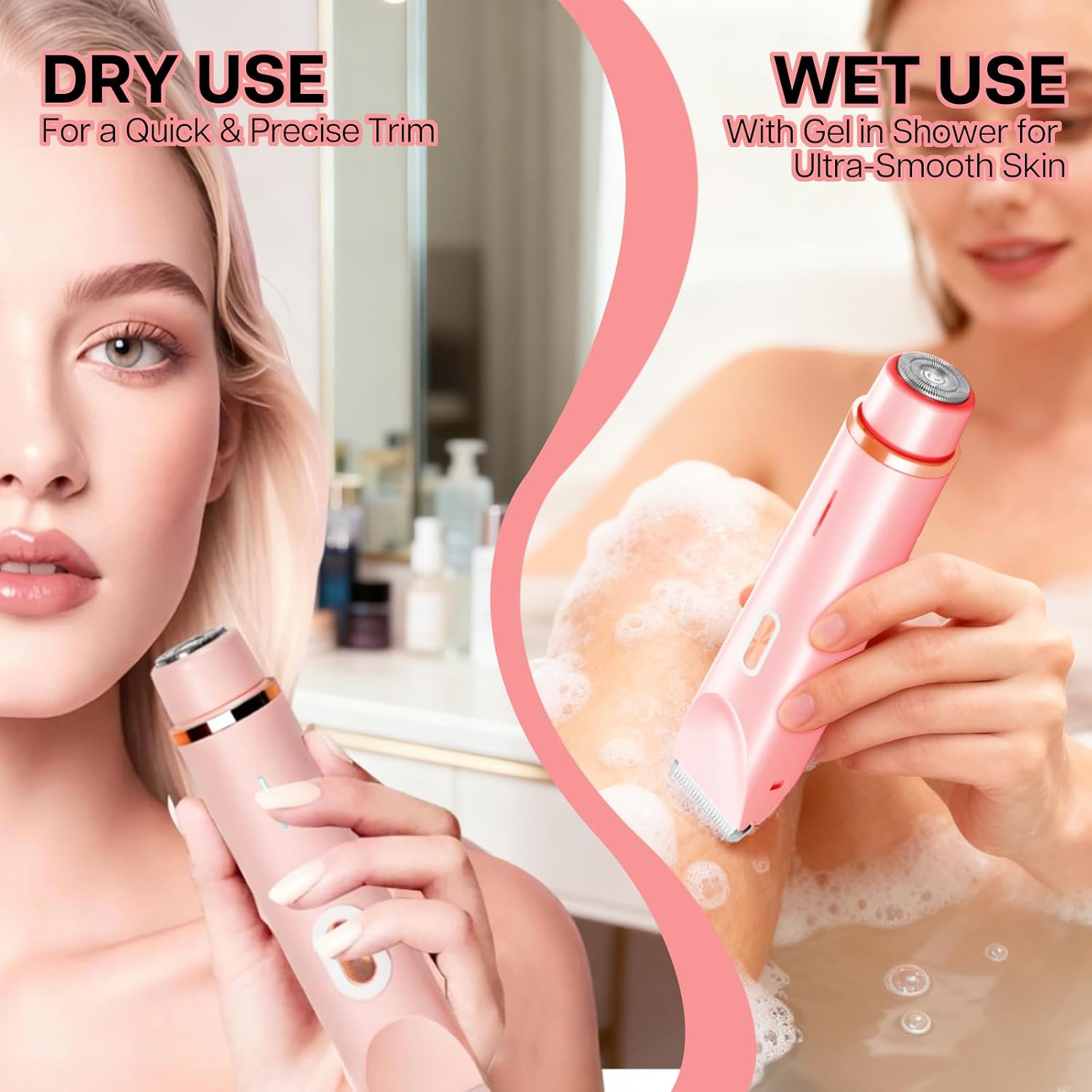 Women Electric Shaver, 2-in-1 Electric Bikini Trimmer for Women, Womens Electric Razor for Legs & Body, IPX7 Waterproof, Rechargeable, Painless Pubic Hair Razor