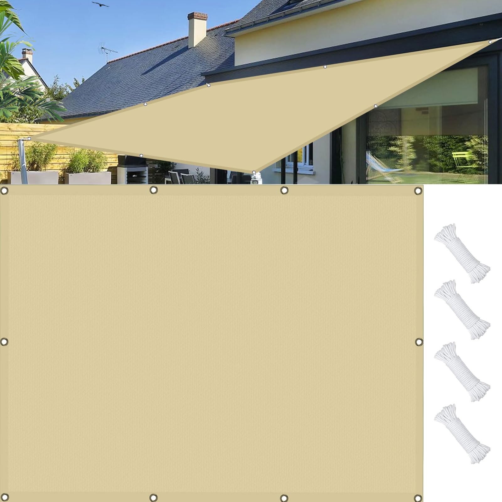 Toile ombrage protection UV et imperméable 1,2 x 3 m crème avec corde