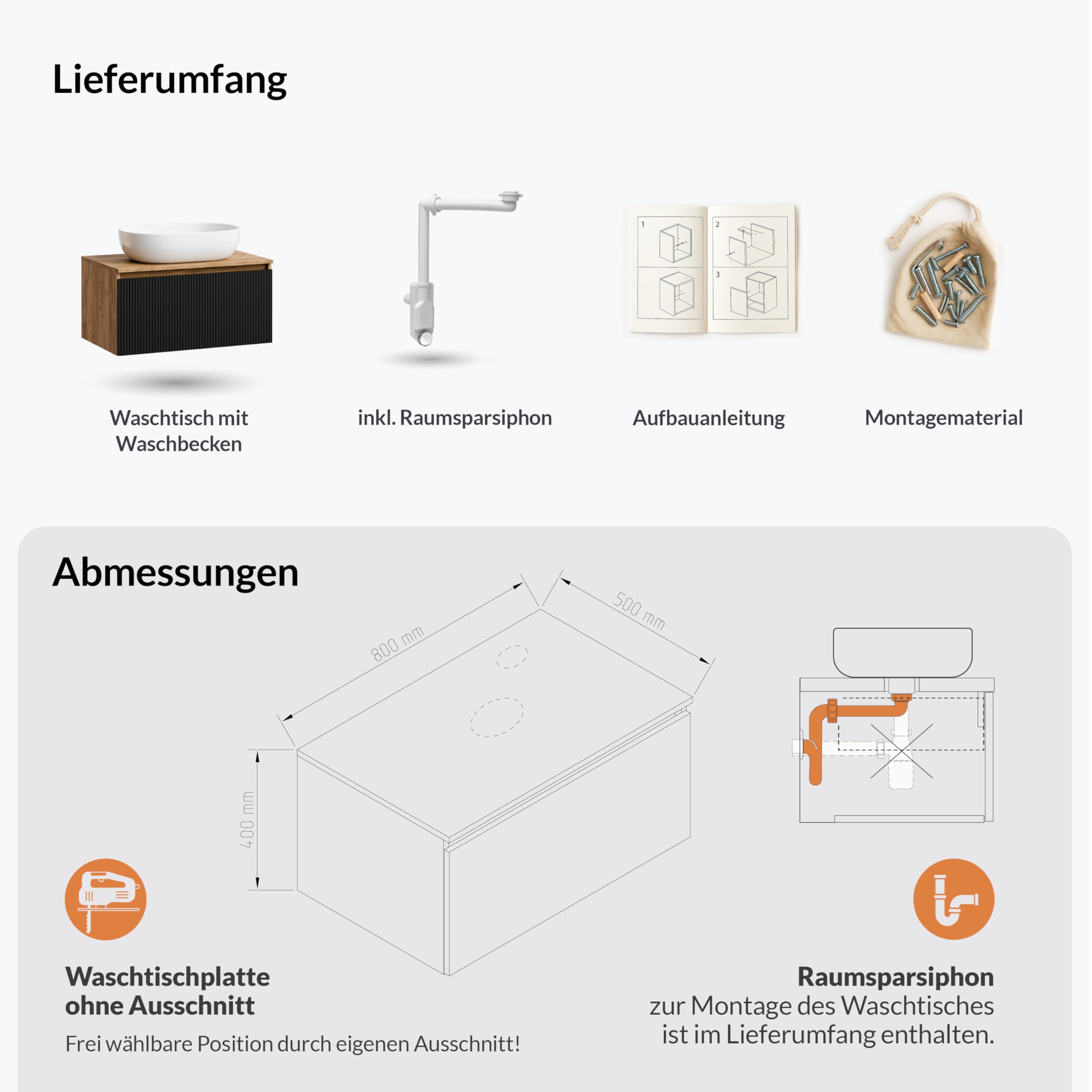 Planetmöbel Arisa Juego de muebles de baño con lavabo de 80 cm en roble dorado negro (estriado), lavabo de 60 cm en blanco, con sifón de ahorro de espacio