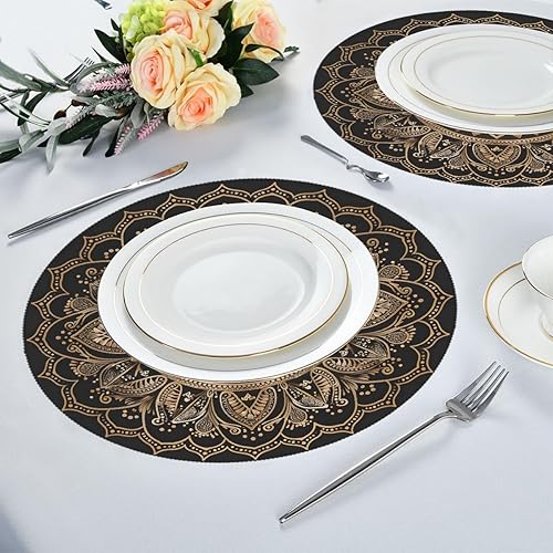 Miniatura 4 de Manteles individuales redondos de PVC lavables con mandala, color negro, seda dorada, manteles individuales lavables para mesa de comedor, para