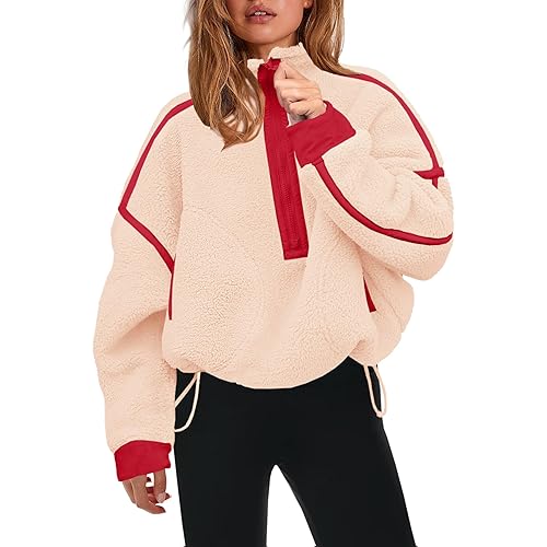 Panadila Womens Half Zip Sherpa Fleece Pullover Soft Oversized Sweatshirt with Pockets Warm Fuzzy Sweater