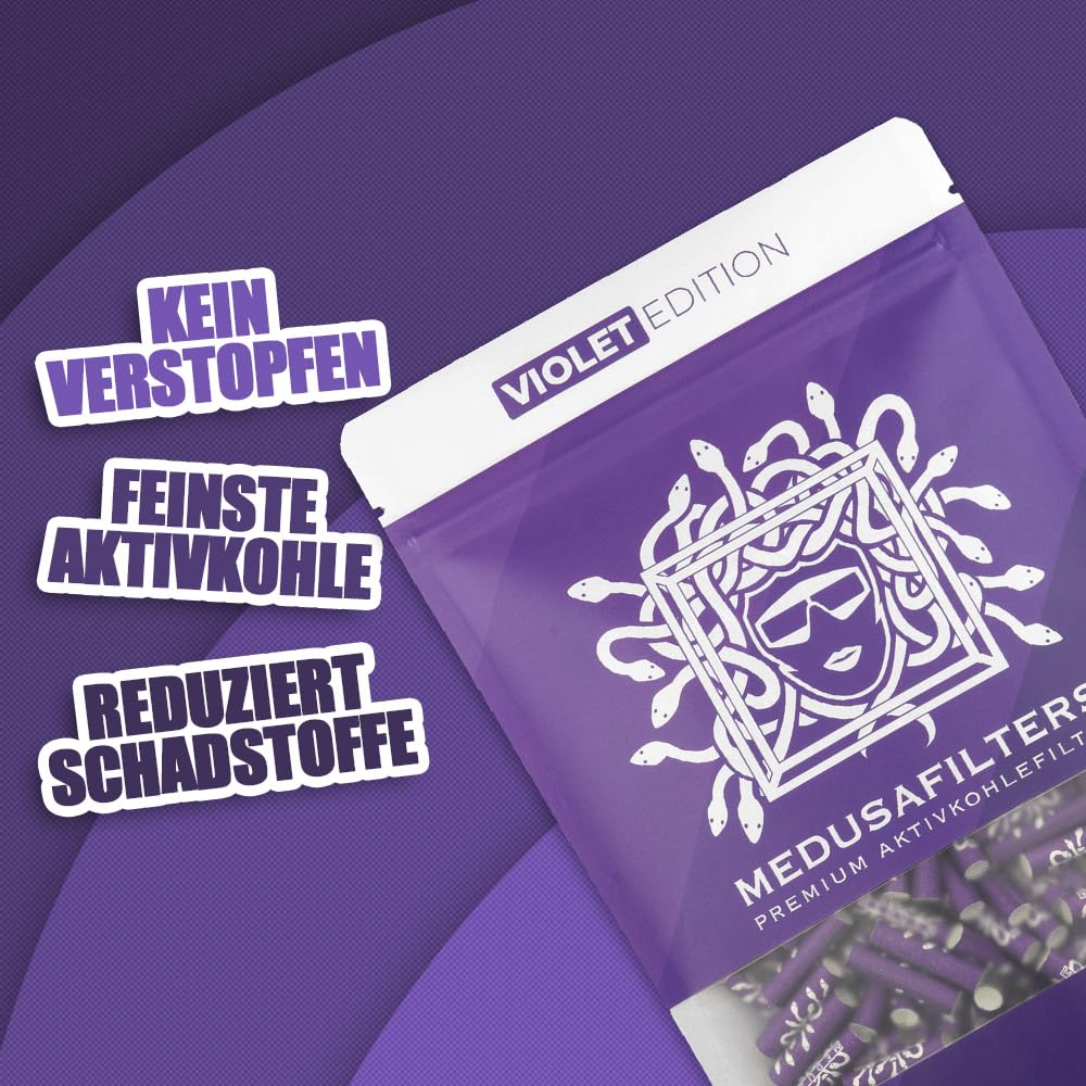 Medusafilters 250 Stück 6mm Ø Slim Premium Aktivkohlefilter mit veganen Fasercaps & Kokos Aktivkohle | Filter mit 25mm Länge made in Germany (VIOLET EDITION)