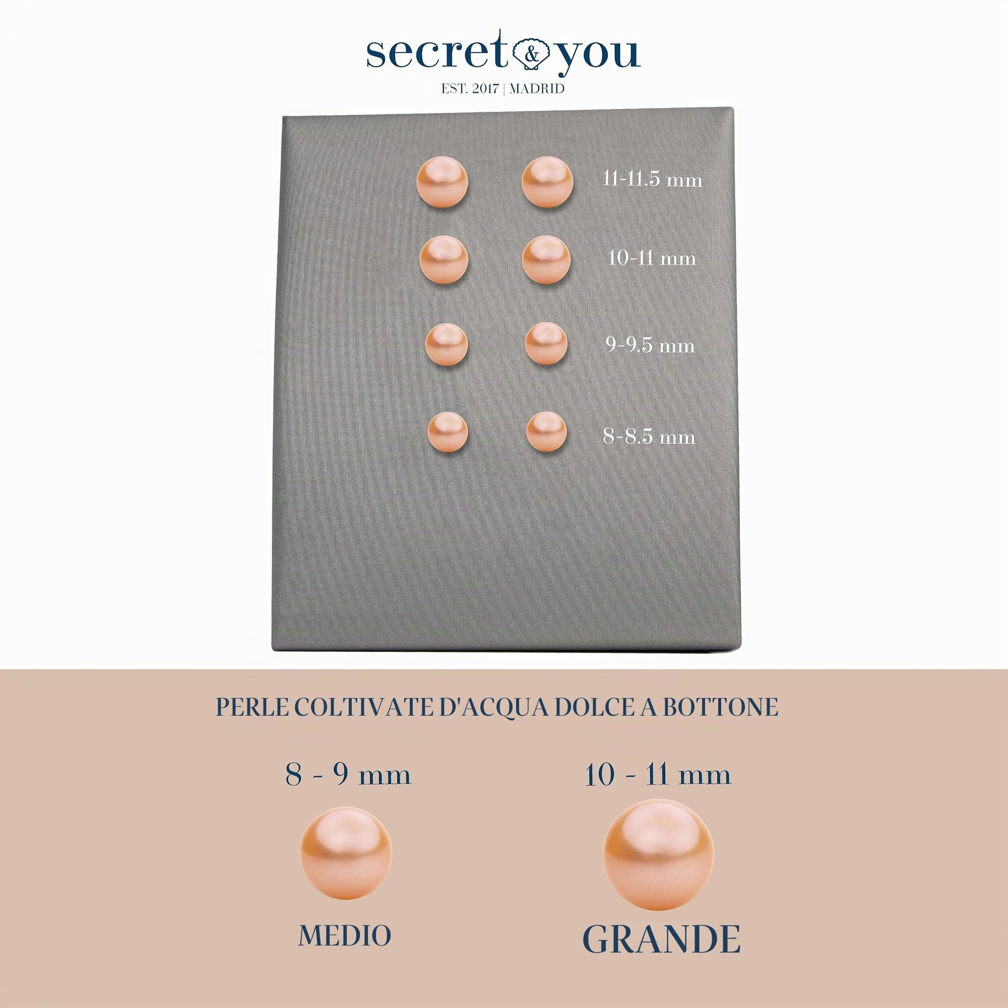 Orecchini da donna di perle bottone coltivate d'acqua dolce in colore arancio pesca SECRET & YOU - Argento sterling 925 - Disponibile in 4 misure da 8 mm a 11 mm