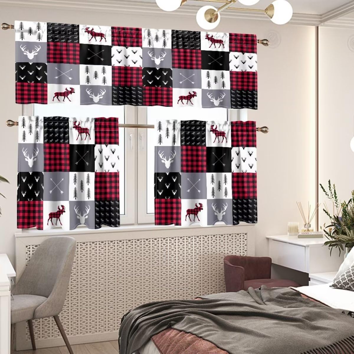 Red White Plaid Kitchen Curtains Valances Set Tier Retro Deer Bear Farm Animal Rod Pocket Dining Room Office Cafe Living Room Bedroom 54 x 18 inches + 27 x 24 inches *2