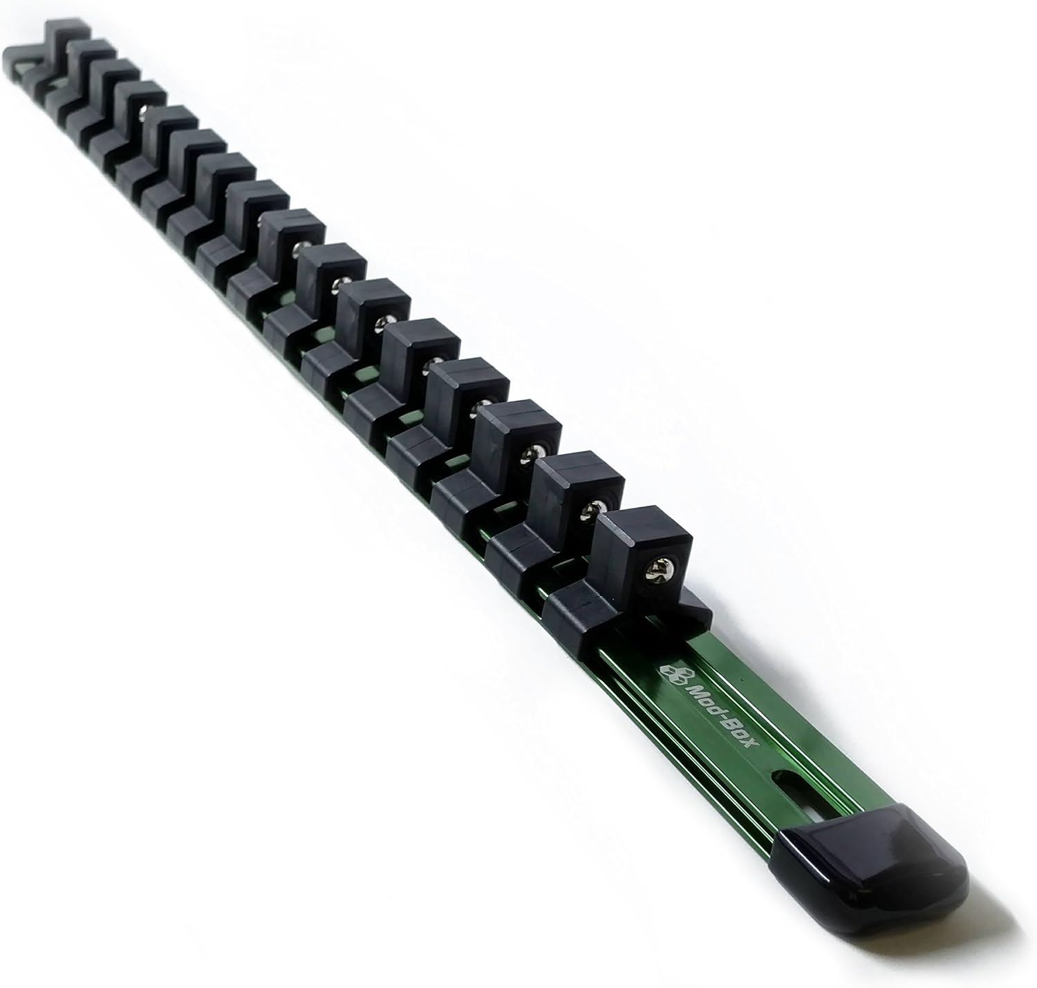 Socket Organizer | 1/2, 3/8, 1/4 Inch Drive | 18, 20, and 24 Clips | Professional Grade Heavy Duty 17 Inch Anodized Aluminum Build | Max Amount of Clips Included | By Mod-Box (1/2, Green)