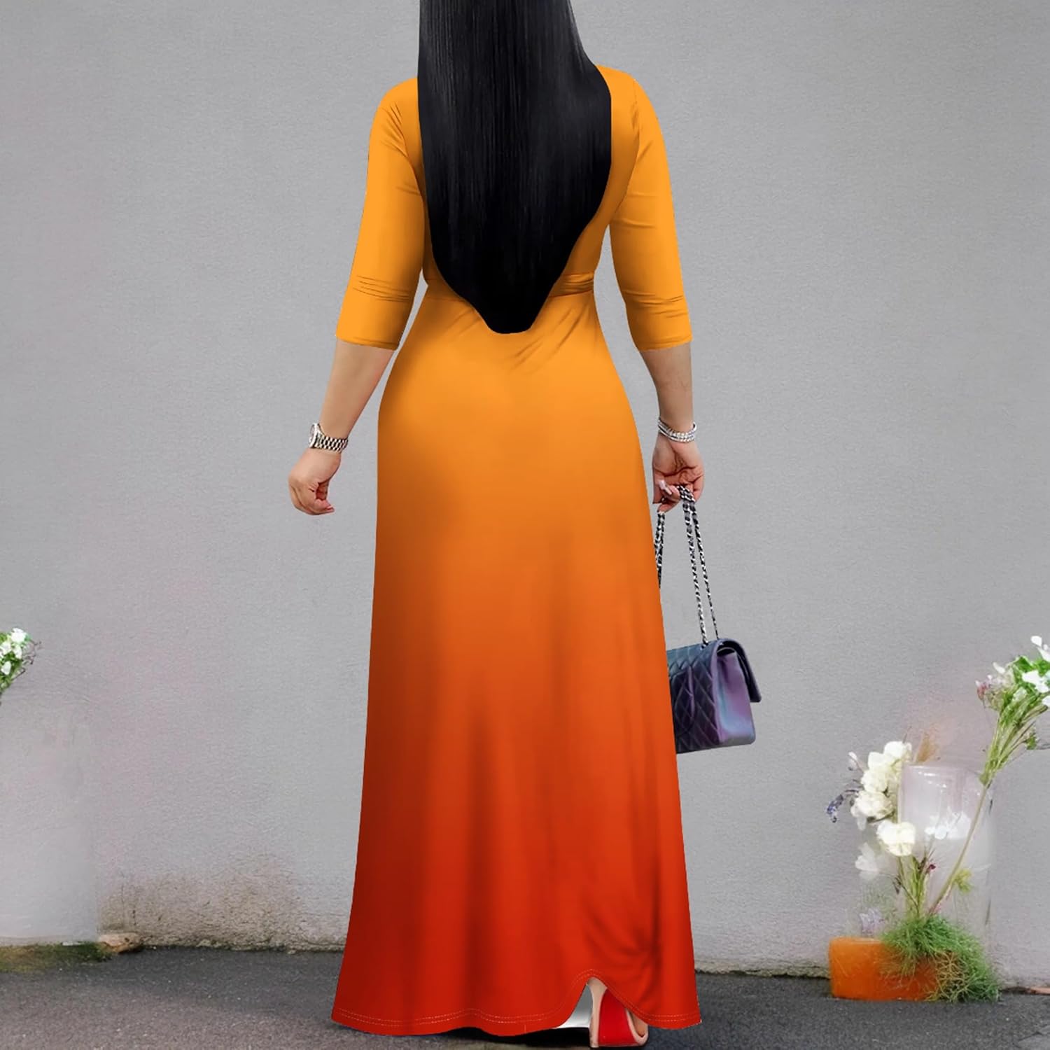 PINKPATTY Women's Plus Size Maxi Dresses Casual Flowy 3/4 Sleeves Dress Printed Vacation Dress for Daily Wear with Belt - Image 6