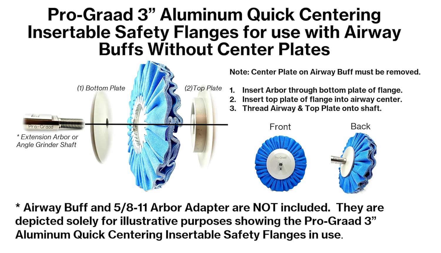 3” Aluminum Quick Centering Insertable Safety Flange for Airway Buffing & Polishing Wheels Without Center Plates, Self-Tightening, use with 5/8”-11 Threaded Tools & 3” Center Airway Buffs