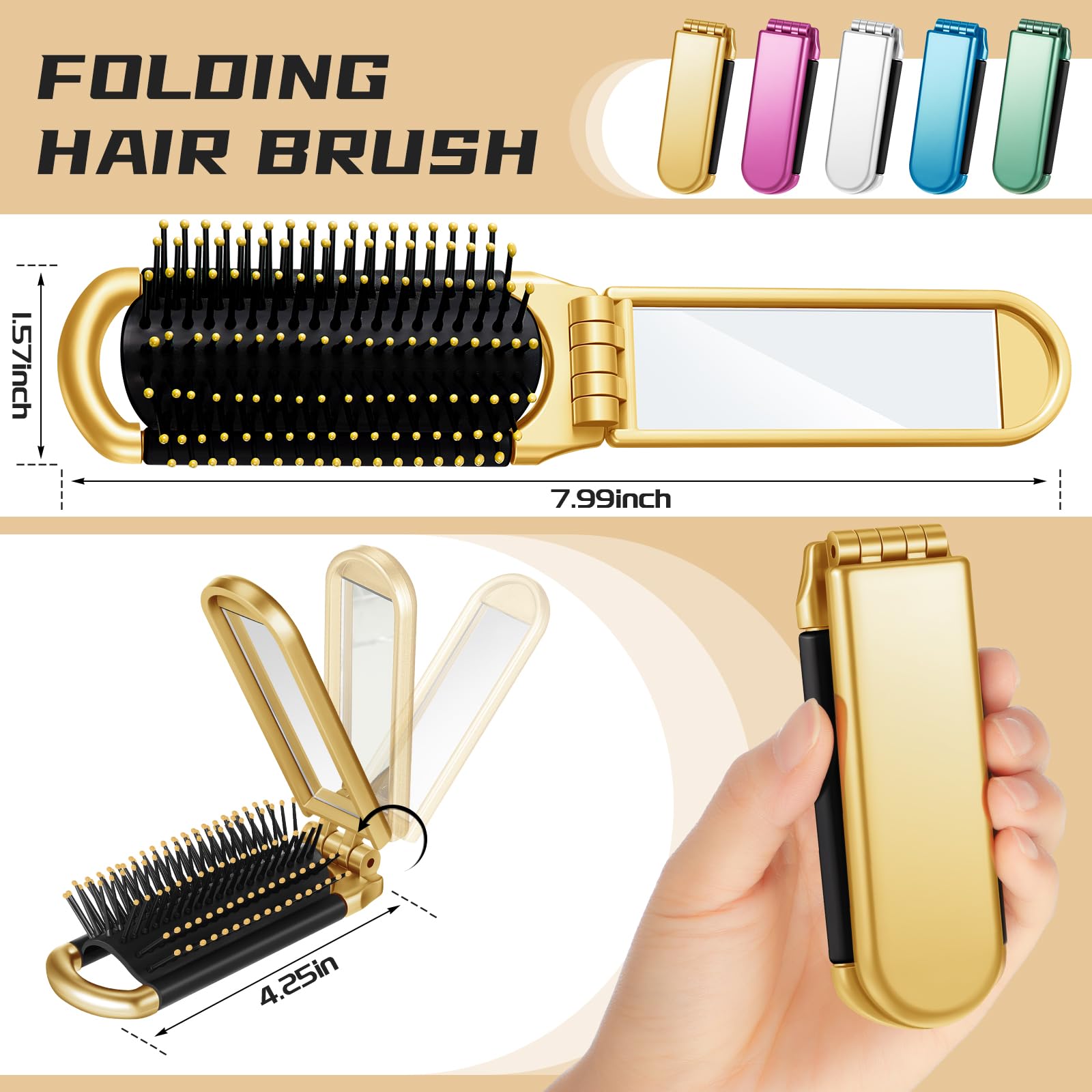 Uiifan 50 Stück Reisebürste, kompakt, tragbar, faltbar, Haarbürste mit Spiegel, Taschengröße, Mini-Haarbürste für Männer und Frauen, Haarstyling-Werkzeuge, Geldbörse, Auto, Fitnessstudio, Spind,