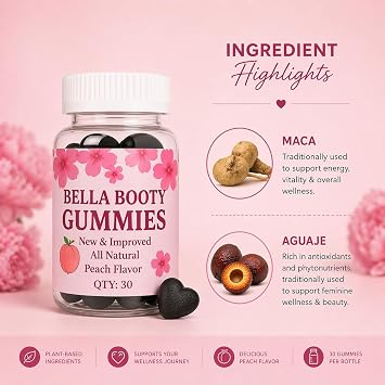 Bodied by Bella Butt Gummies Natural Booty Gummies & Butt Enhancer for Glutes, HIPS & Curves Plant-Based Booty Builder with Maca & Aguaje for Lower Body Curve Support 30 Ct, Peach Shake