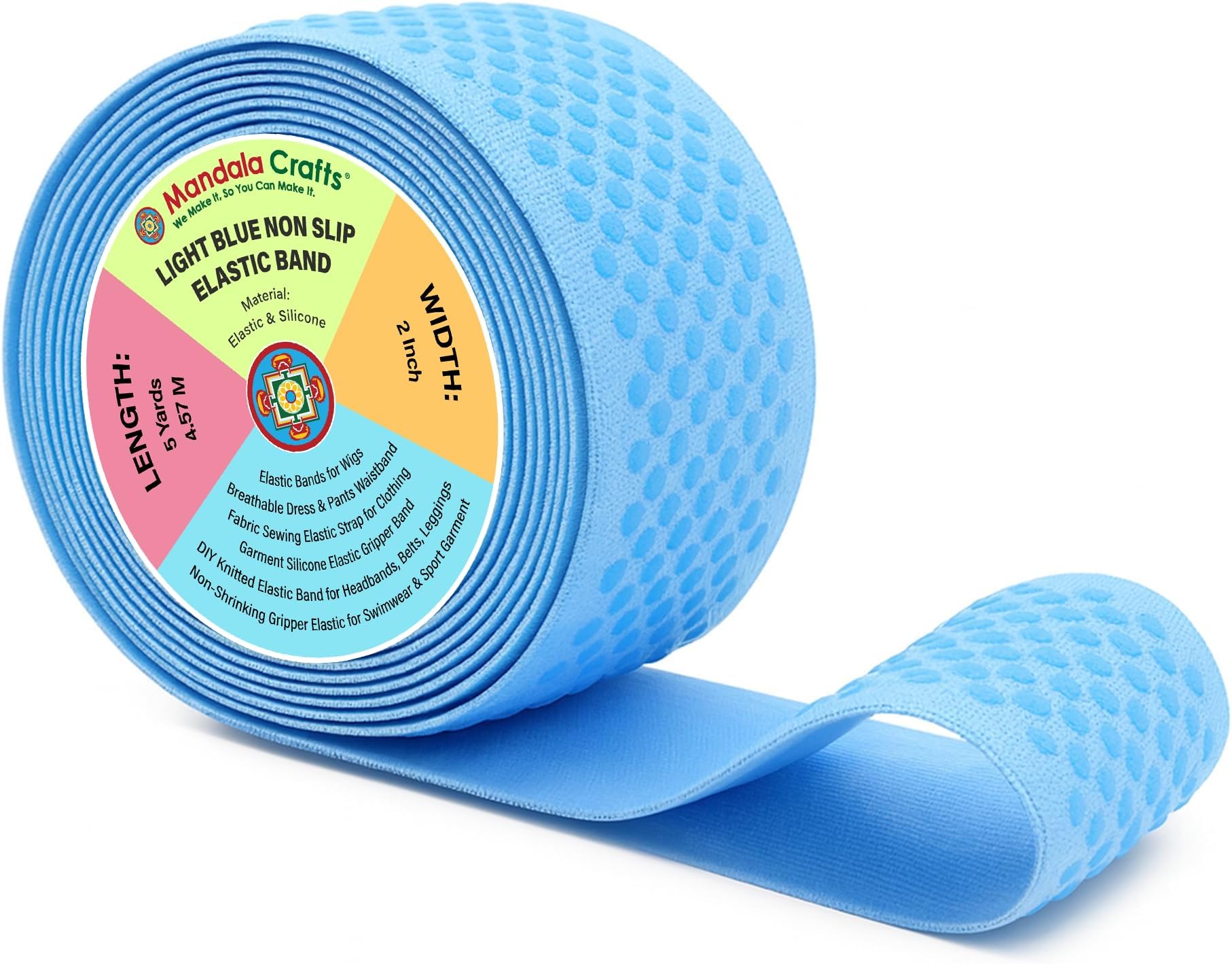 Mandala Crafts 2 Inch Elastic Silicone Gripper Tape for Clothing - 5 Yds Dotted Non Slip Elastic Band for Sewing - Baby Blue Silicone Flat Fabric Stretchy Ribbon Straps