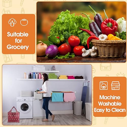 Miniatura 7 de Paquete de 9 bolsas de comestibles reutilizables, bolsas de compras plegables, bolsa de nailon con asas, lavable, grande, ligera