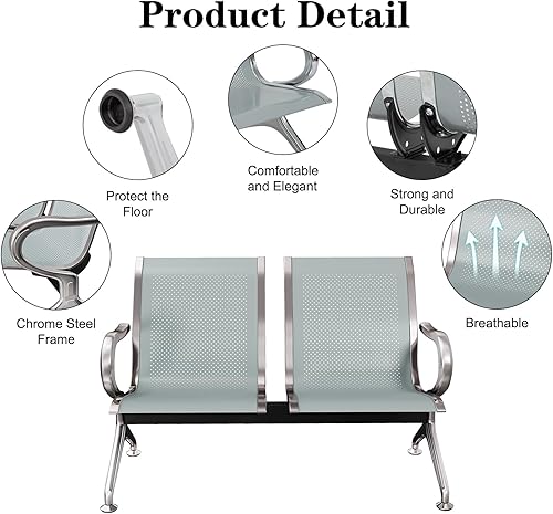 Miniatura 3 de Kinfant Silla plateada para sala de espera, banco de 2 asientos, silla de recepción de invitados con reposabrazos para aeropuerto, hospital, banco,