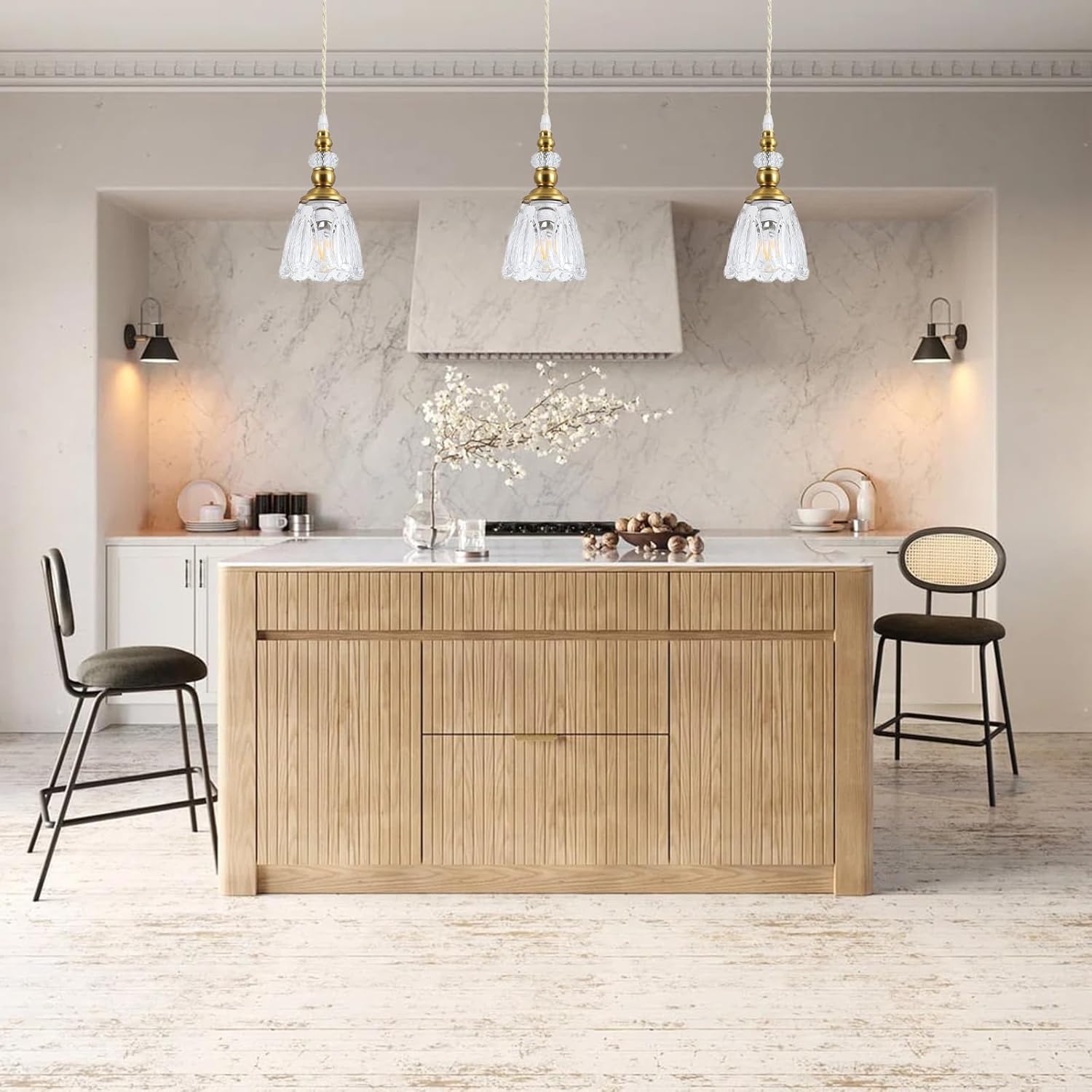 JackLove 3 Pack Mini Pendant Lights kitchen island, Farmhouse Brushed Gold Pendant light fixture, Flower Glass Shade hanging light for kitchen island, bedroom, dining room, hallway