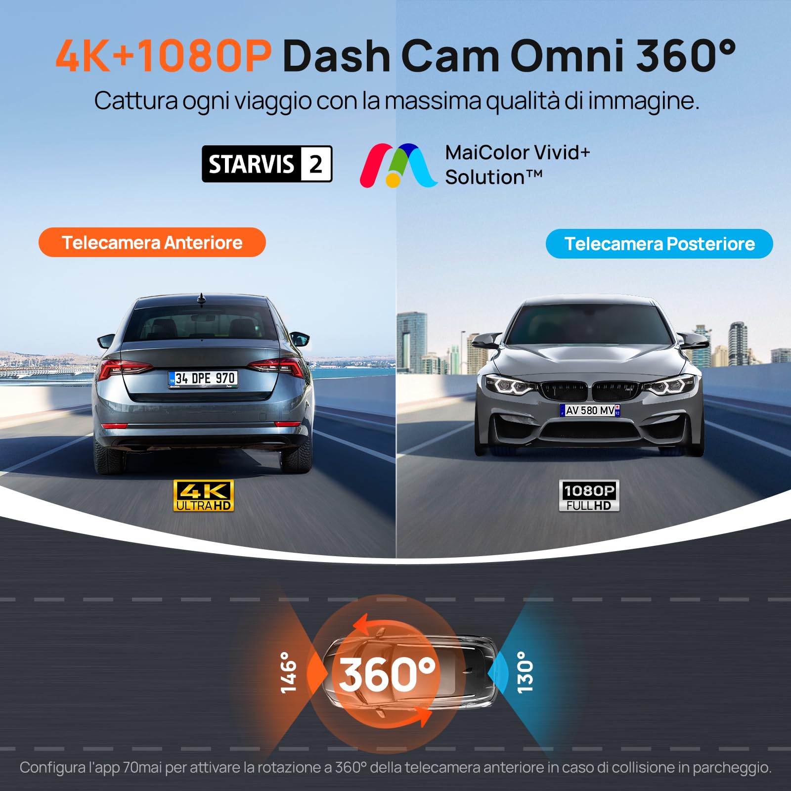 70mai Dash Cam 4K Omni, Dual-Channel 4K+1080P DashCam Auto 360 Gradi, Rilevamento Movimento AI, Visione Notturna, 5GHz WiFi6 GPS Telecamera per Auto, Modalità Parcheggio 24H, Controllo APP, Max 512G