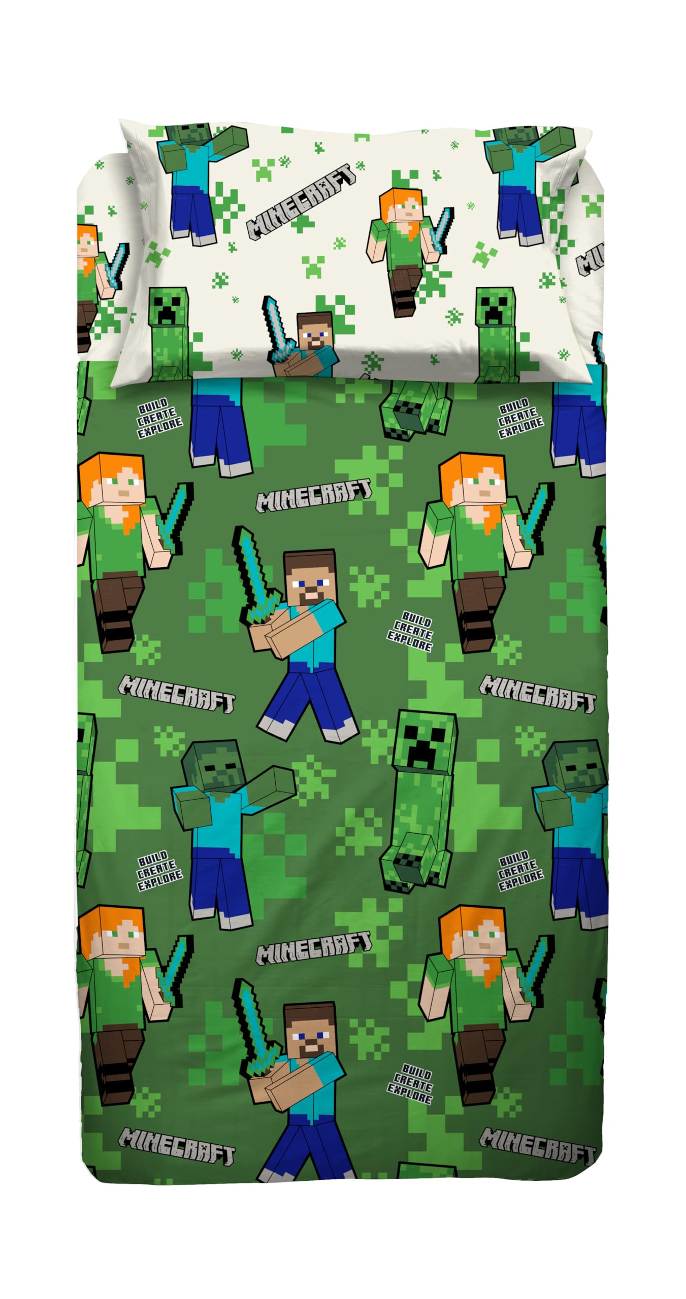 Hermet Green Minecraft Single Bed Sheet Set, Single Bed Set, Top Sheet, Fitted Sheet, Pillowcase, 100% Cotton, Official Product