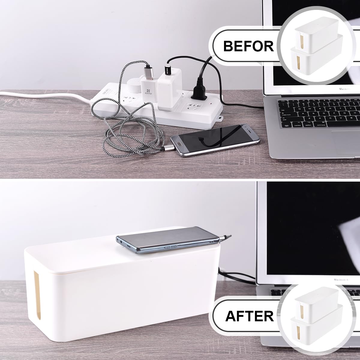 Caja de gestión de cables, paquete de 2 cajas organizadoras de cables grandes y medianos con 17 piezas de juego de gestión de cables, caja organizadora de cables para ocultar protector contra