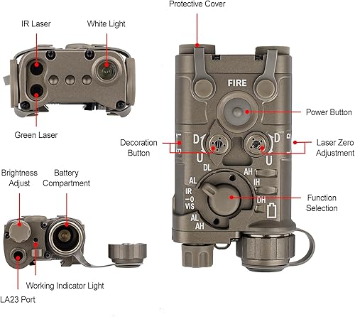 Miniatura 11 de Airsoft Upgrade Metal Tactical PEQ Aiming Laser Sight with LA23 Dual Pressure Switch, 8 Modes with Red/Green+IR+White Light with Brightness Adjust