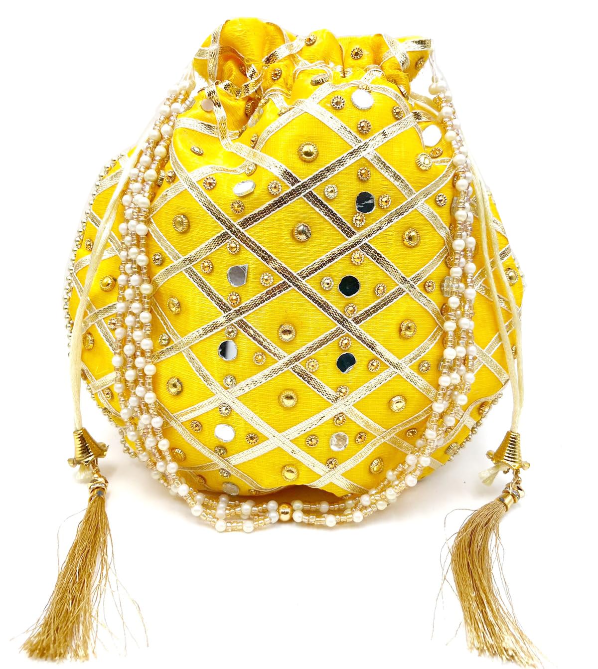 mirror work Silk Potli Bag with Pearl Handle and Thread Latkan for women-image-21