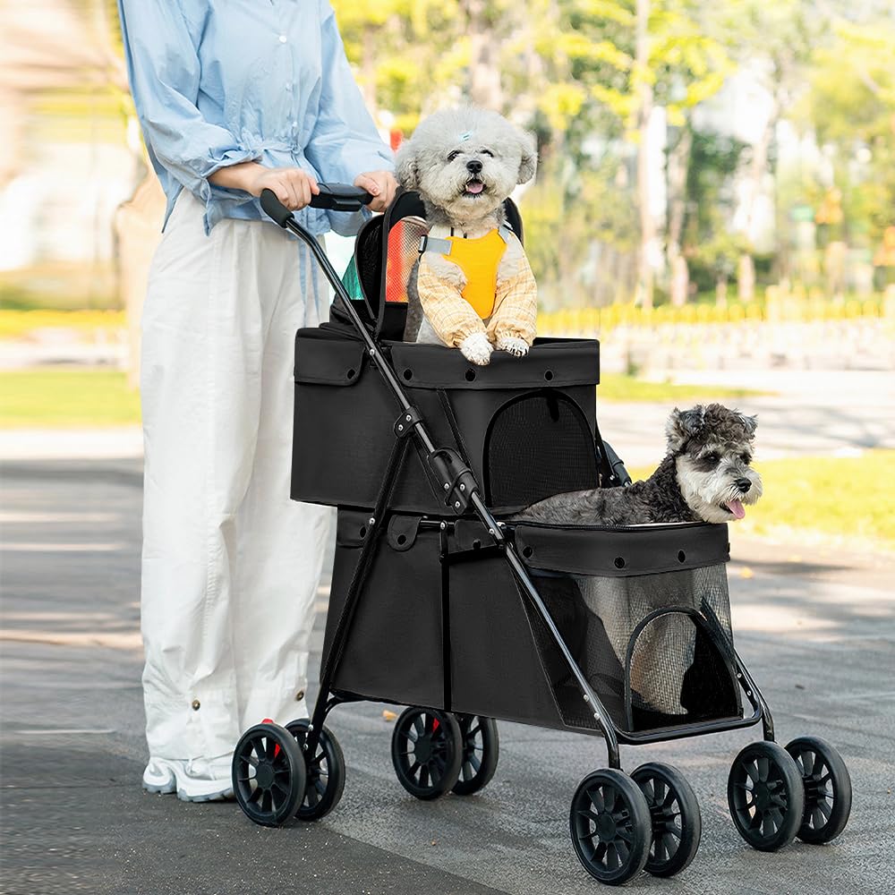Double Couche Poussette pour Chien Chat Animaux, Animaux Voyage Poussette, Pliable Chien Chat À Quatre Roues Chariot/Landau Jogger/Poussette Buggy-67 * 50 * 95cm- Noir