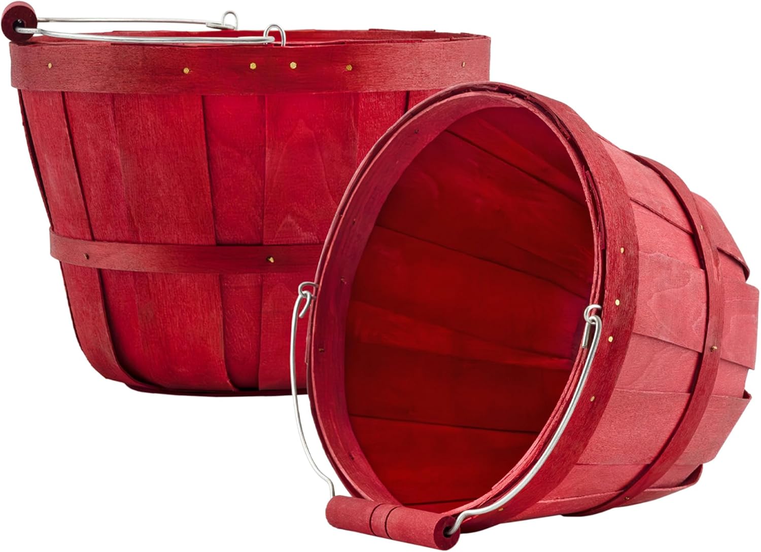 Cornucopia Round Wooden Baskets (2-Pack, Dark Red); Wood Fruit Buckets with Handle, 4-Quart Capacity; 6.1 Inch Tall by 8 Inch Diameter