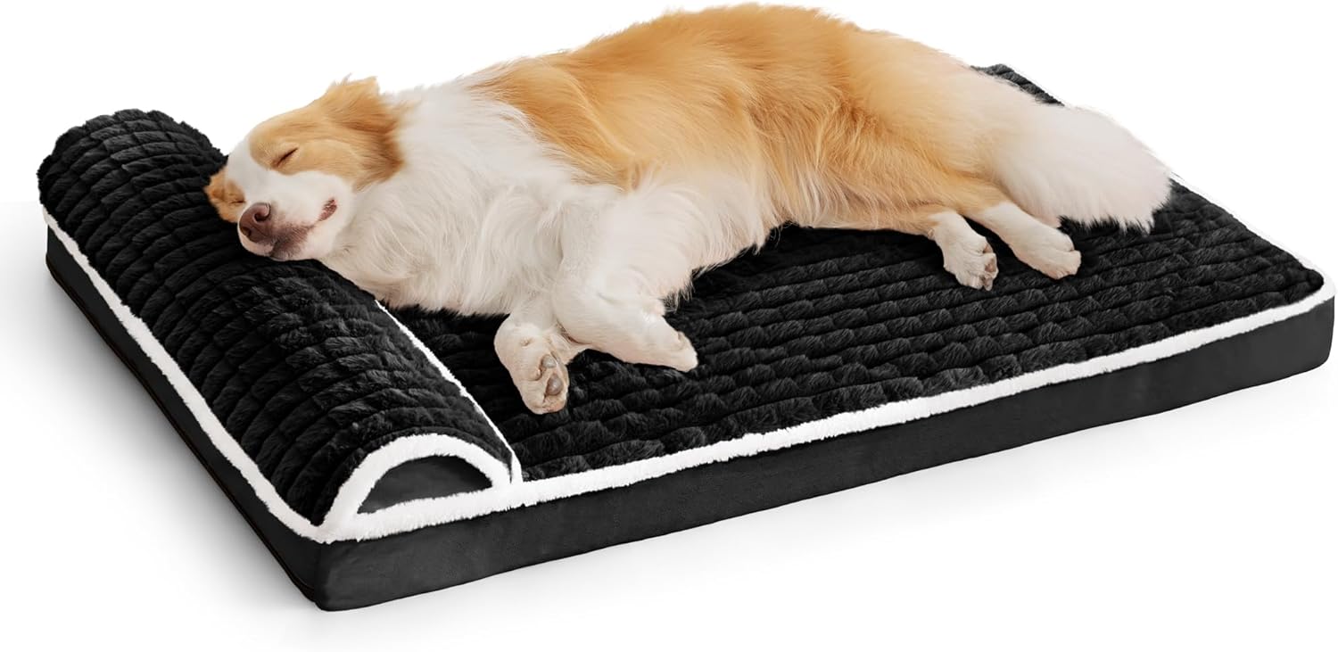 Orthopedic XL Dog Bed Large Sized Dog with Pillow 42''X28'', Waterproof Soft Comfortable Egg Crate Foam Pet Crate Beds Mat with Removable Washable Cover and Non-Slip Bottom, Black