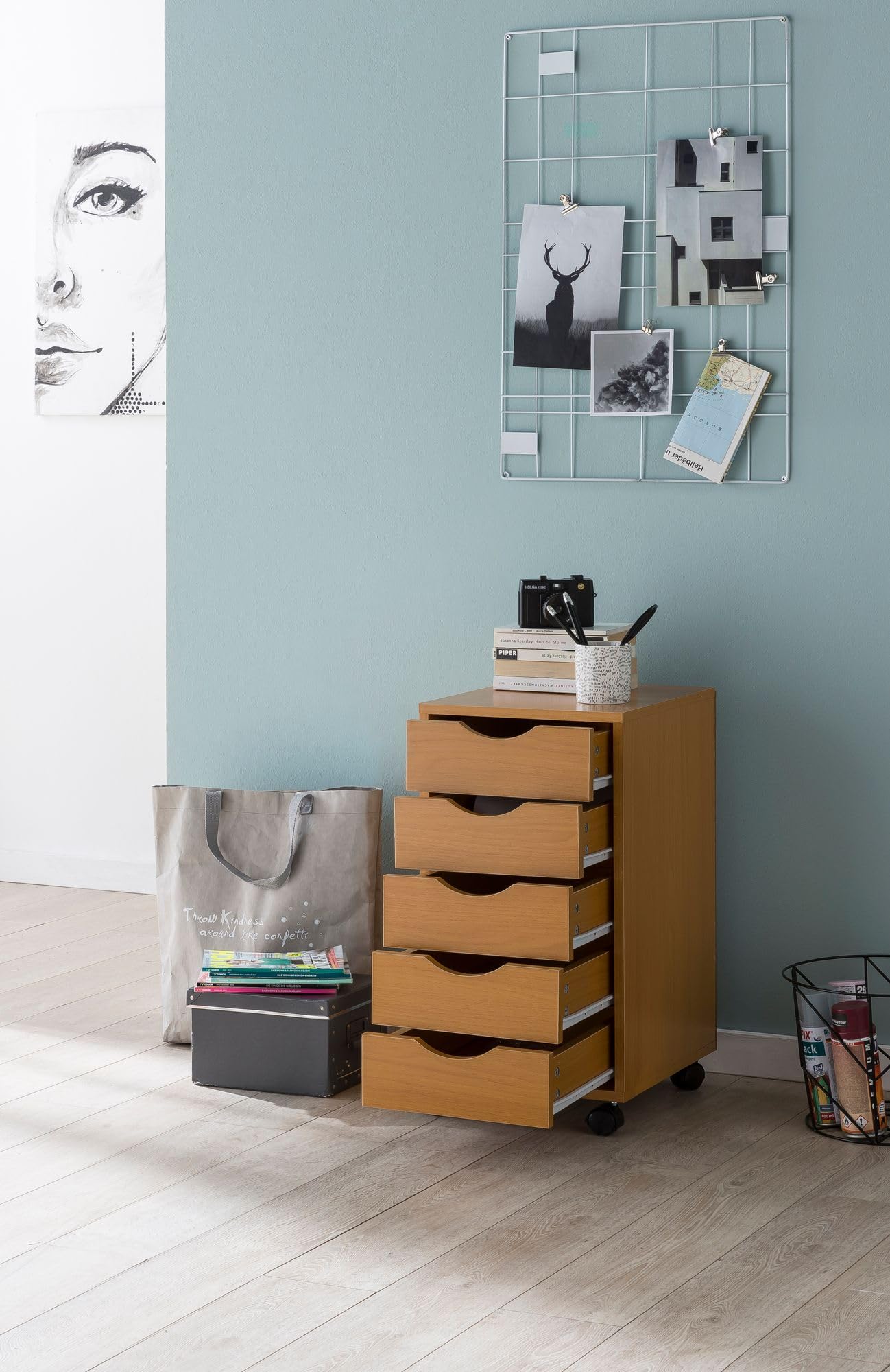 WOHNLING Caisson à roulettes 33x38x64 cm Hêtre MDF avec 5 Tiroirs