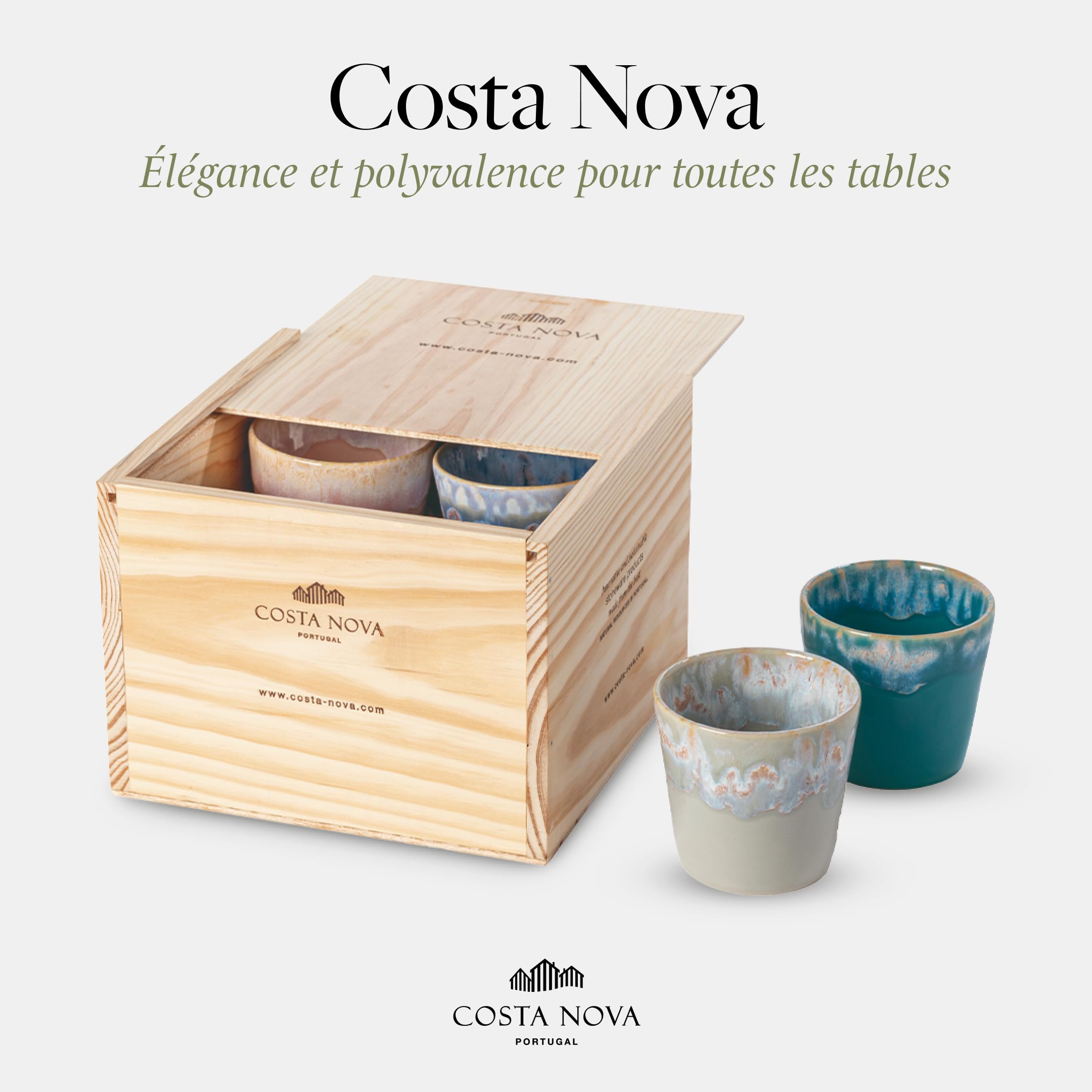 Costa Nova coffret cadeau Grespresso: 8 tasses à expresso en grès fin avec glaçure réactive, empilables, multicolores, présentées dans une boîte en bois, compatibles lave-vaisselle, Ø 6,5 cm