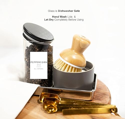 Miniatura 5 de SAVVY & SORTED 12 tarros de especias de bambú negro, tarros grandes de vidrio de 8.5 onzas con tapas de bambú negro, tarros de condimentos con tapa