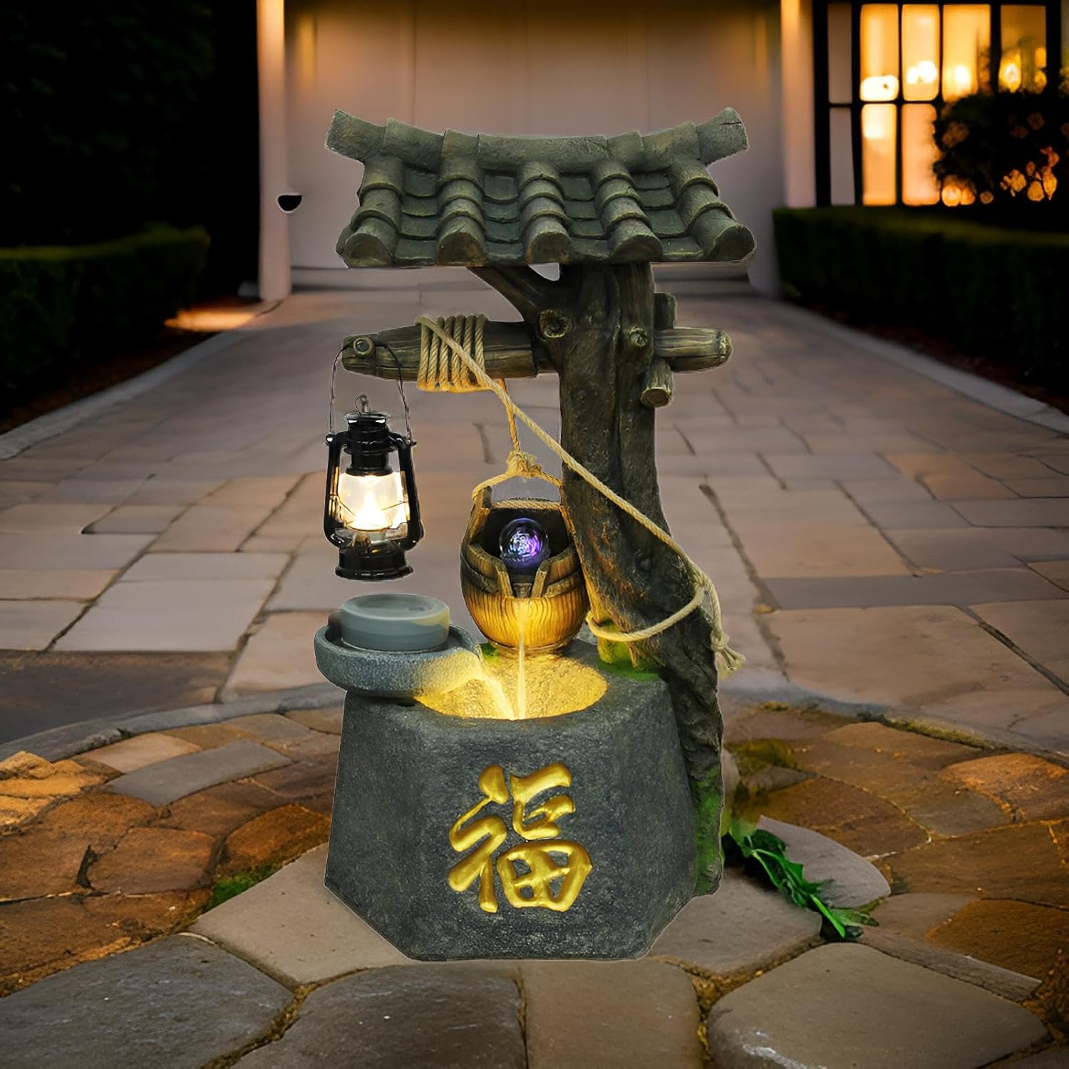 45.3 Inch-Large Floor Fountain-with Neon&Stone Grinding&Vintage Rustic Fountain-Applicable to Indoor and Outdoor Decoration,Rustic Landscape-Delivered to Your Door+30 Free Crystals
