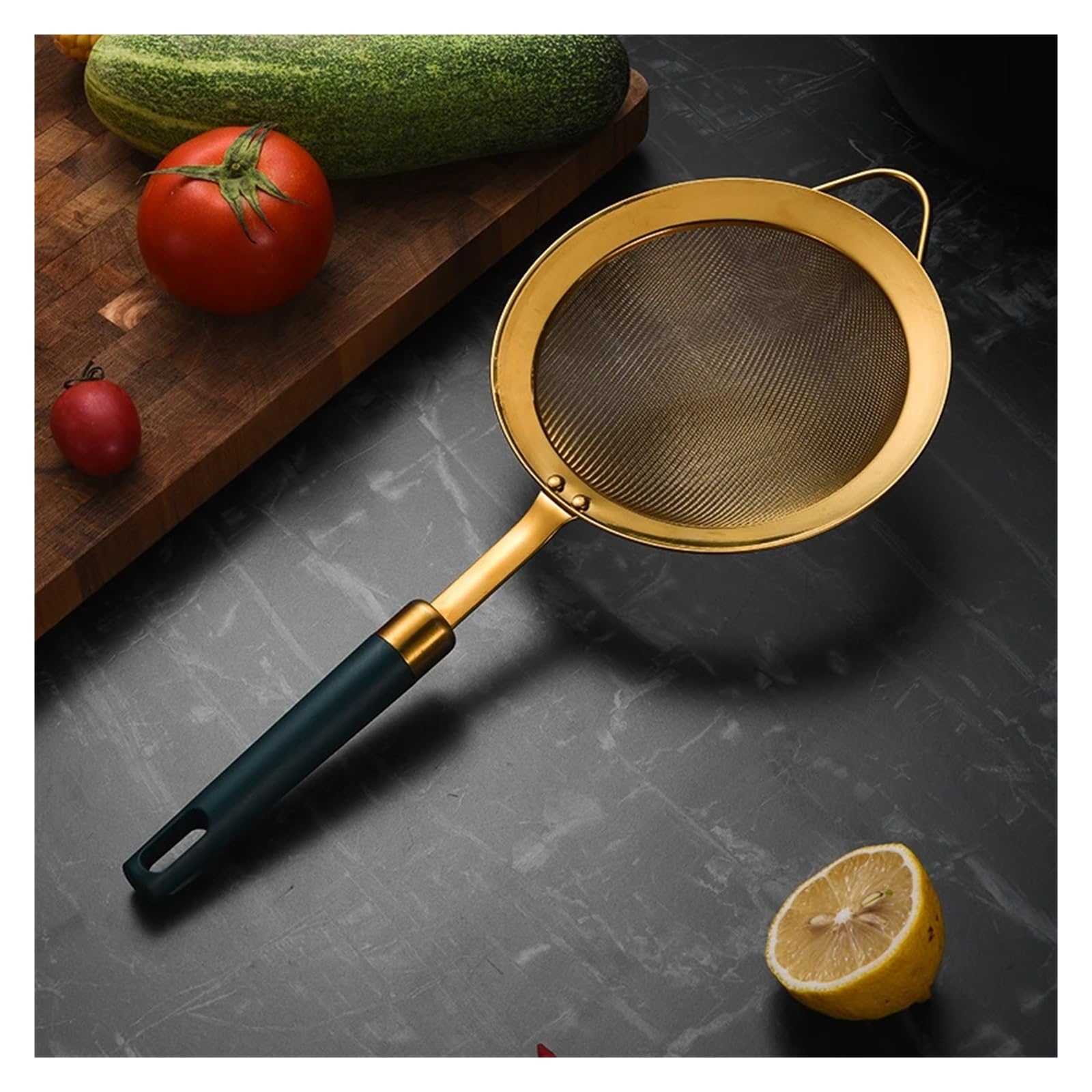 colador acero inoxidable Colador de malla fina acero inoxidable 304 con mango dorado y verde, cuchara colador, utensilios cocina(18cm)