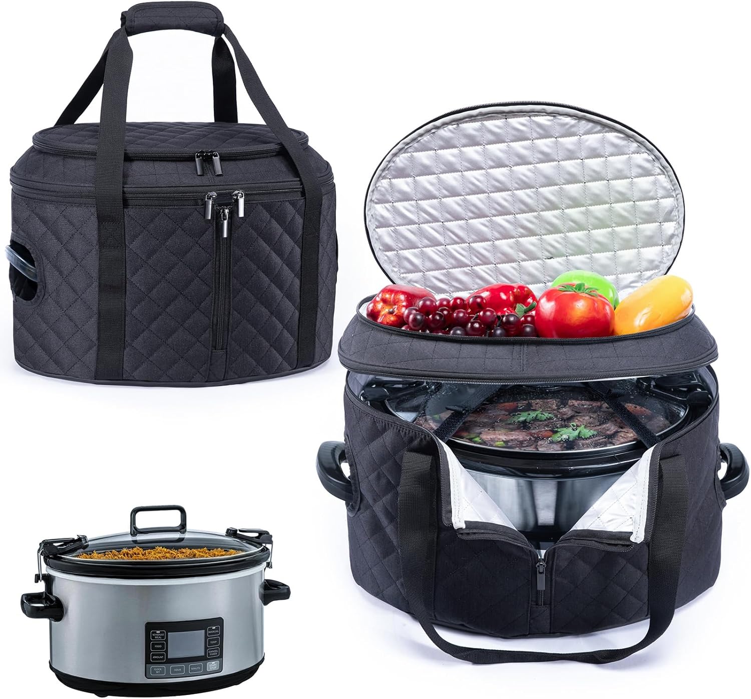 BAGSPRITE Double-layer Slow Cooker Carrying Case Compatible with 6-8 Quart Crockpot Carrier for Hot Food and Hamlton Beach Slow Cooker Tote with Lid Fastener for Crock-pot Dust Cover Applicances