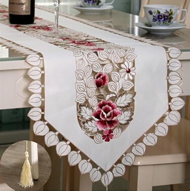 USTIDE Rustic Floral Table Runner White Table Doily Embroidery Rose Table Runner with Tassels