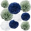 Navy Blue & Sage Green Tissue Pom Poms, 9-Pack, Navy Baby Shower Backdrop, Boho Wedding Ceiling Decor, Rustic Party Supplies