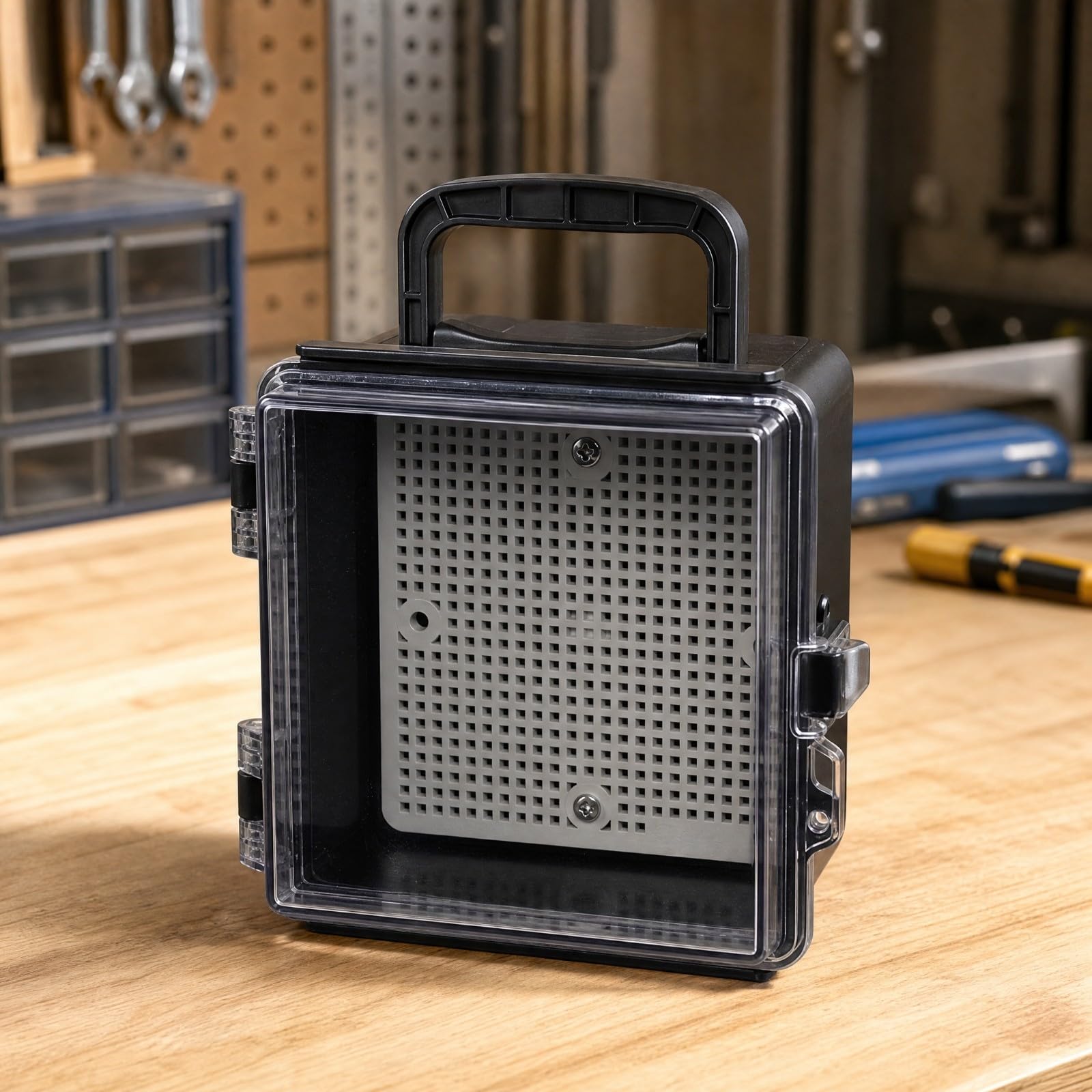 Amagogo Involucro Elettrico Portatile con Coperchio a Cerniera Resisn Agli Urti Custodia Elettrica con Maniglia e Chiusure in Acciaio Inox Affidabile, Nero Trasparente, 150x150x90mm