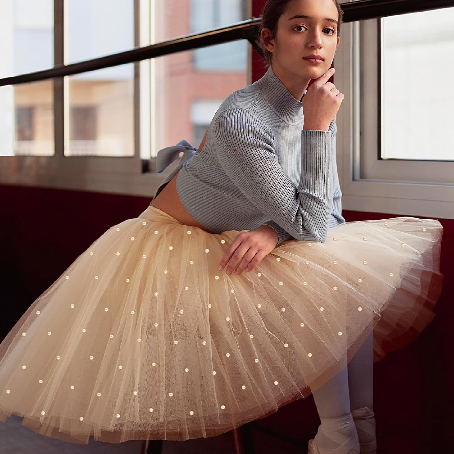 BINBE 4pcs Pearl Table Runner Spring Summer Rustic Boho 10ft Tulle Table Runner for Baby Shower Wedding Veil Holiday Dessert Table Decor Champagne - Image 6