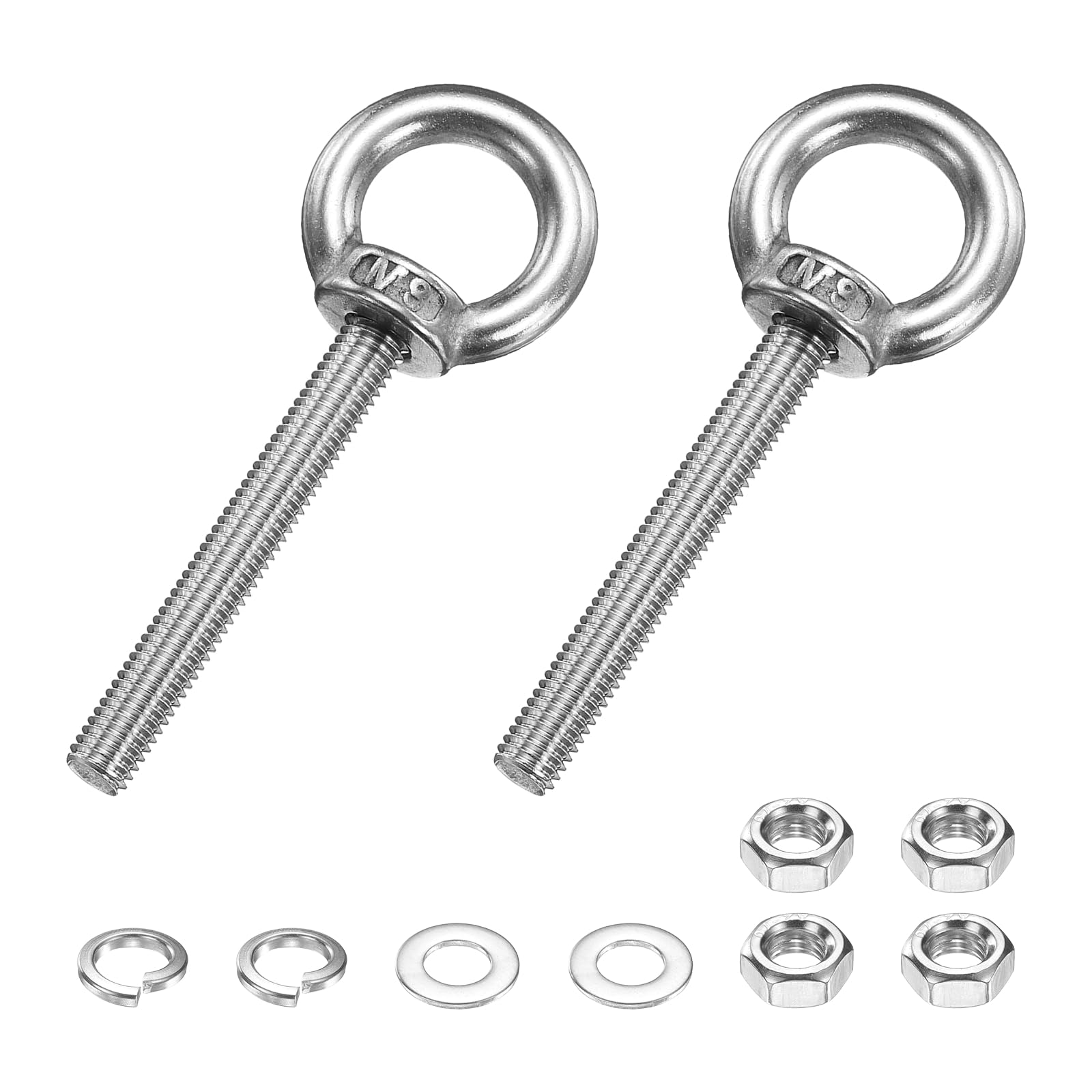PATIKIL M8 x 60mm Eye Bolt, 2 Pcs 304 Stainless Steel Thread Lifting Ring Set Shoulder Eyebolt with Lock Nuts Flat Washers for Hanging Hammocks Articles, Silver
