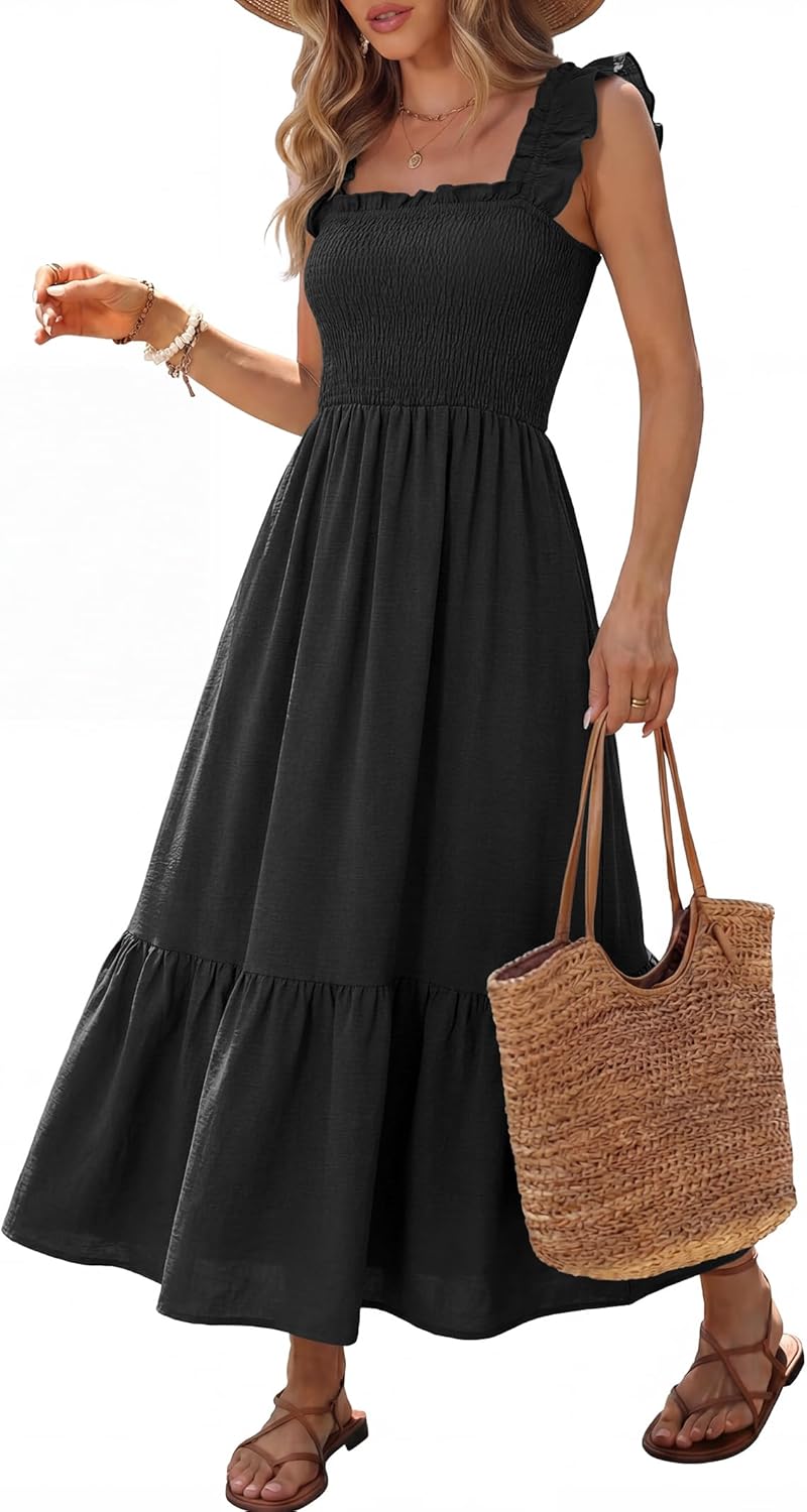 Caracilia Womens Summer Casual Maxi Dress Ruffle Spaghetti Strap Gingham Smocked Long Dresses 2026 Spring Vacation Sundress