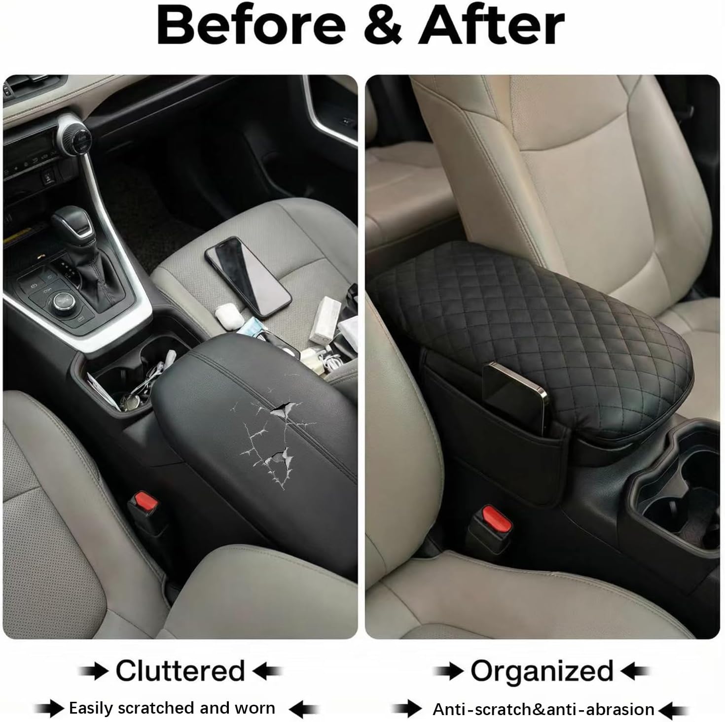Thickened Armrest Cover Fit for Toyota RAV4 2019-2024 2025 2026 Center Console Cover Accessories, Leather Arm Rest Covers Lid Protector Seat Box Cushion Pad with Pockets Storage Bag