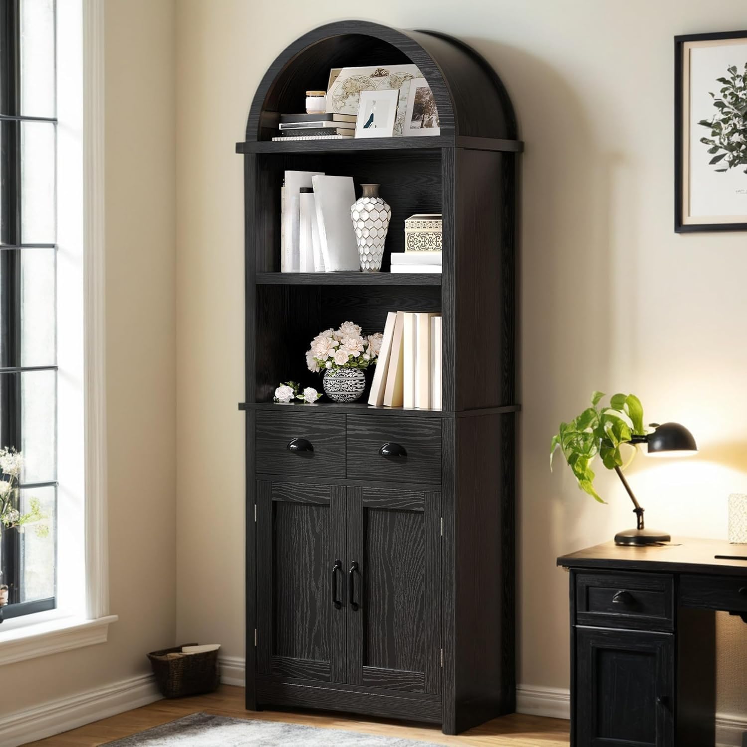 YITAHOME Tall Arched Black Bookshelf with Storage